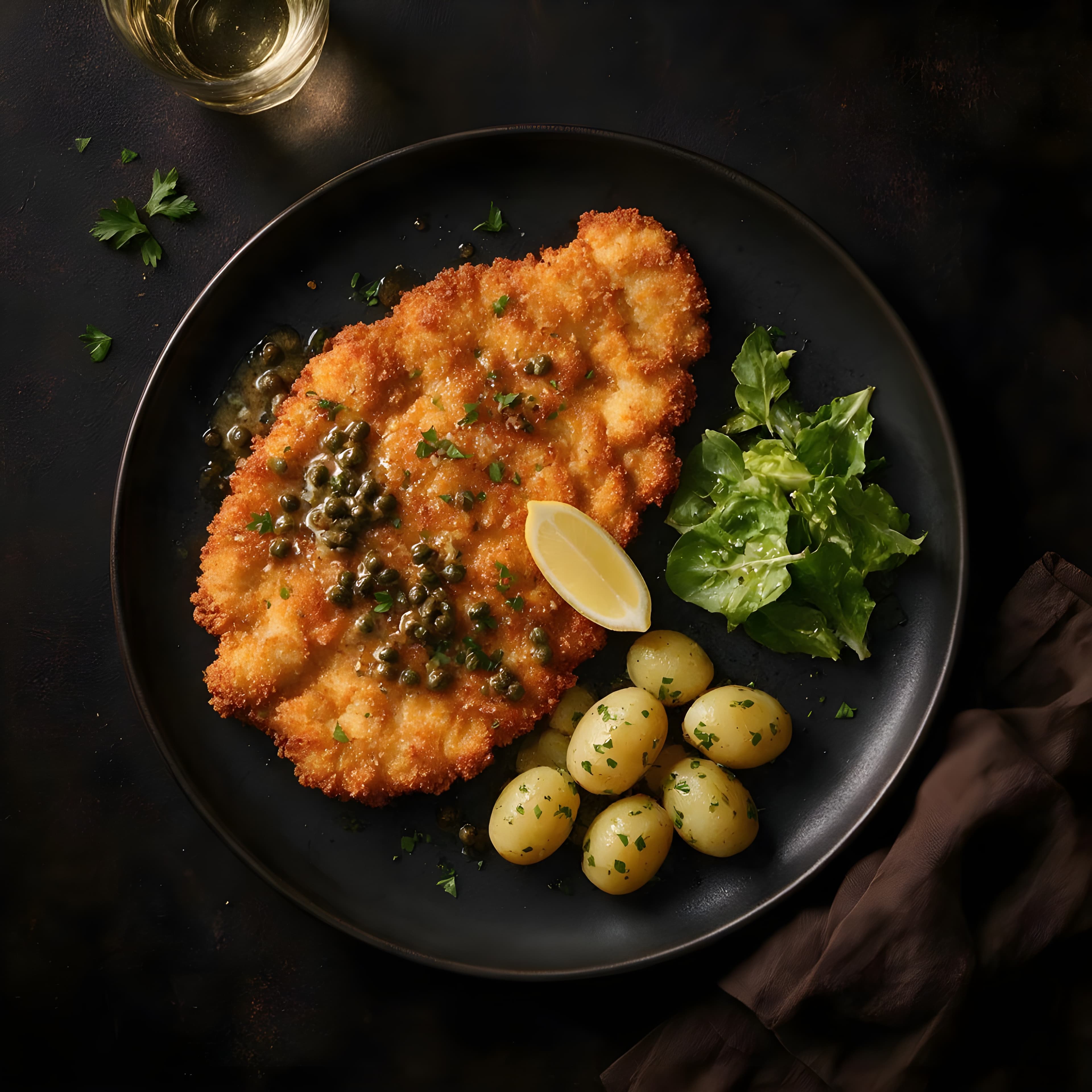 Svineschnitzel med brunet smør, kapers & sitron