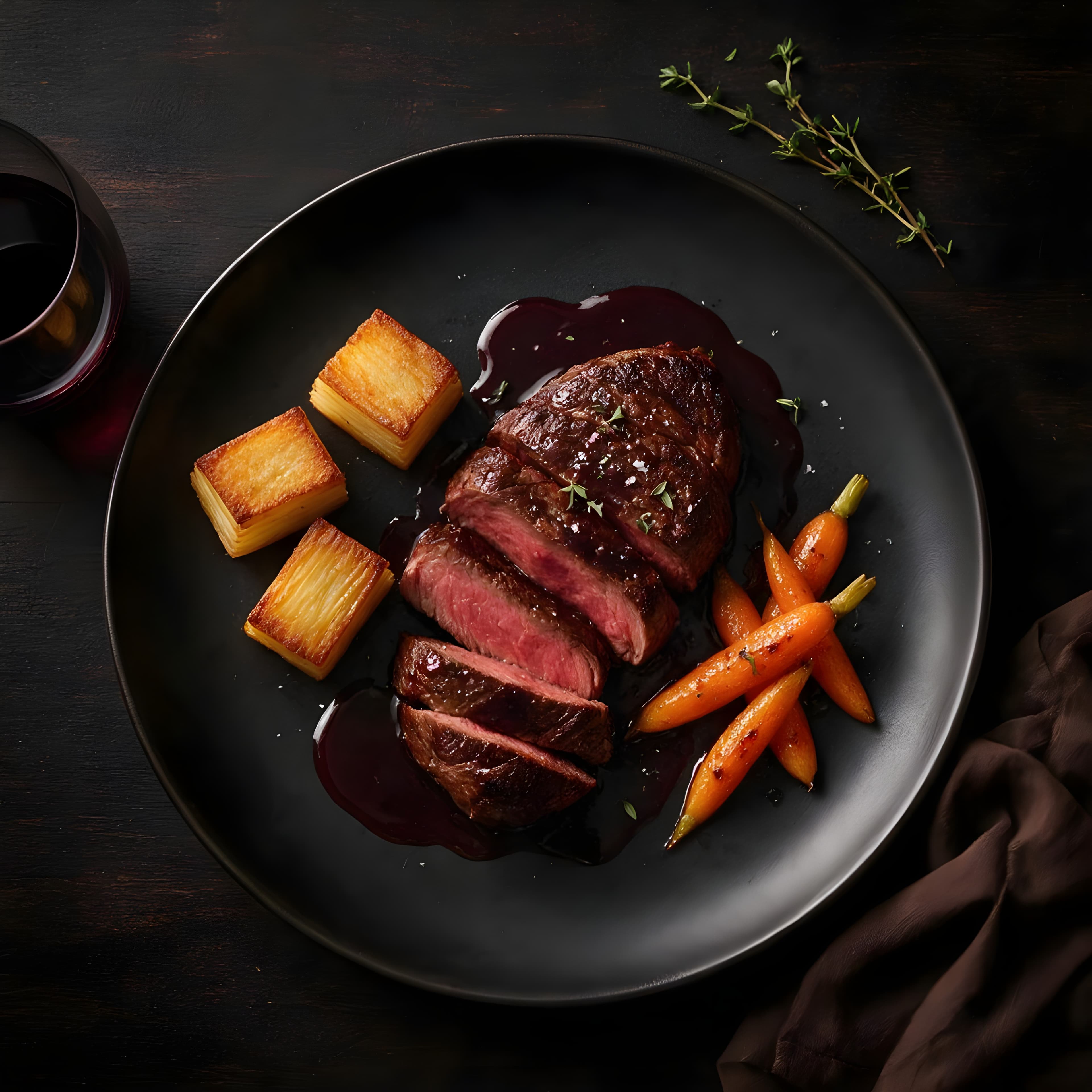 Indrefilet med rødvinssaus, pommes pavé & glaserte gulrøtter