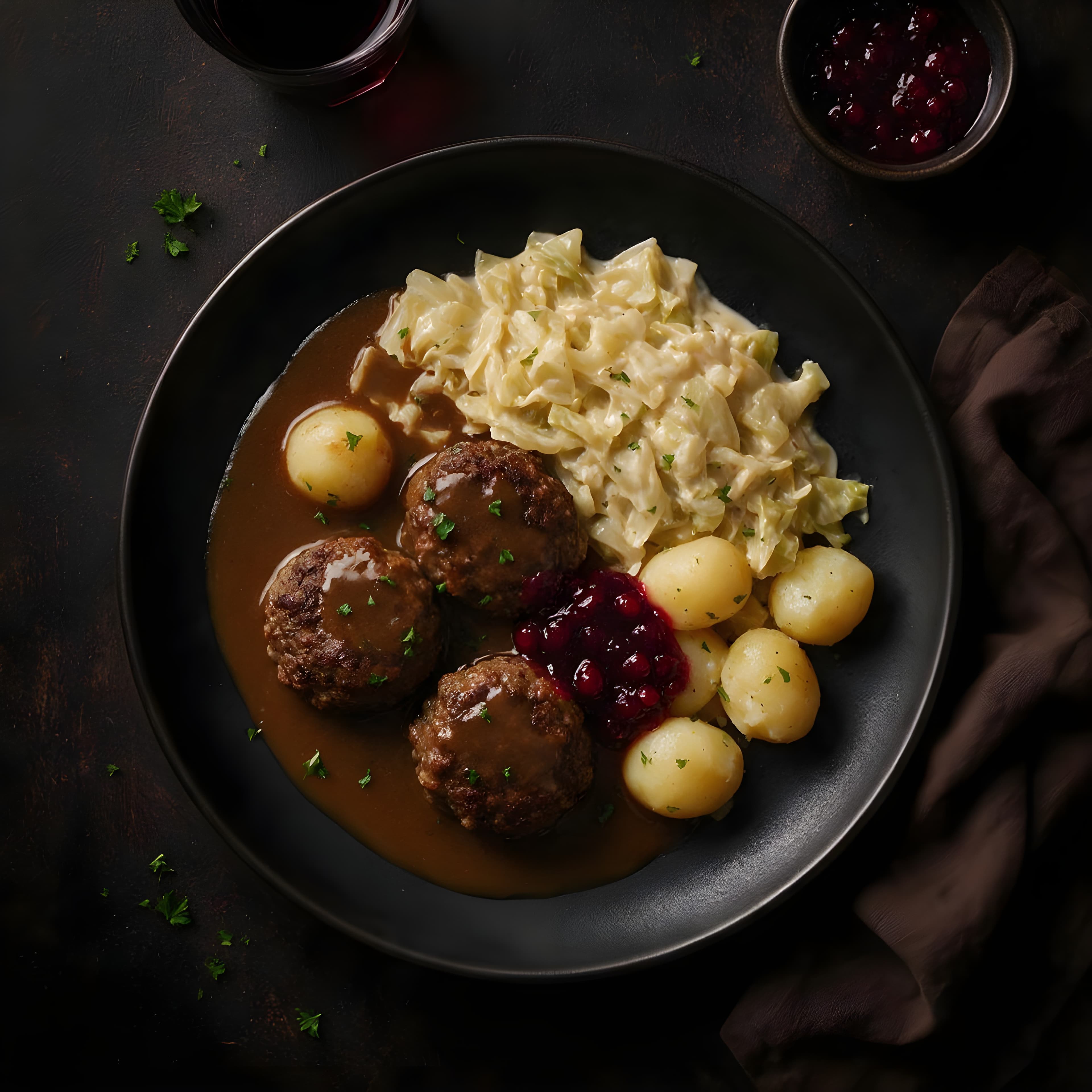 Kjøttkaker i brun saus med kokte poteter, kålstuing og tyttebærsyltetøy
