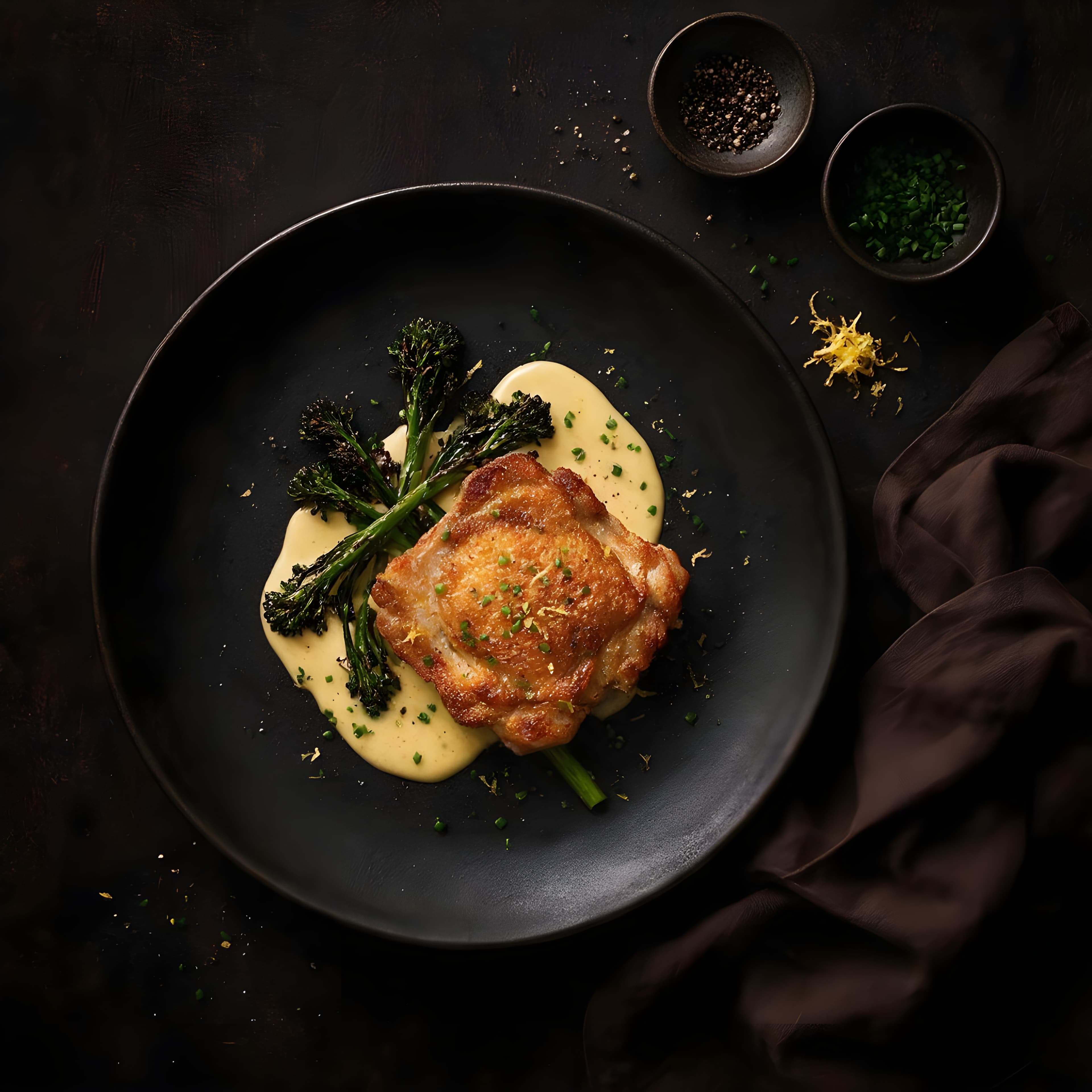 Sprøstekt kylling med beurre blanc og brokkolini. Toppet med gressløk og sitronzest