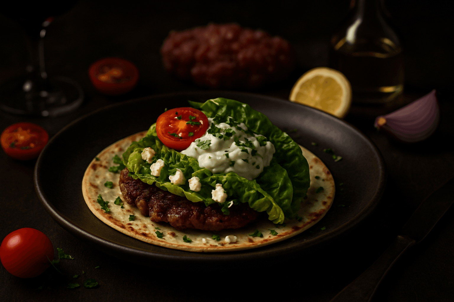 Smashburger taco med lammedeig og tzatziki