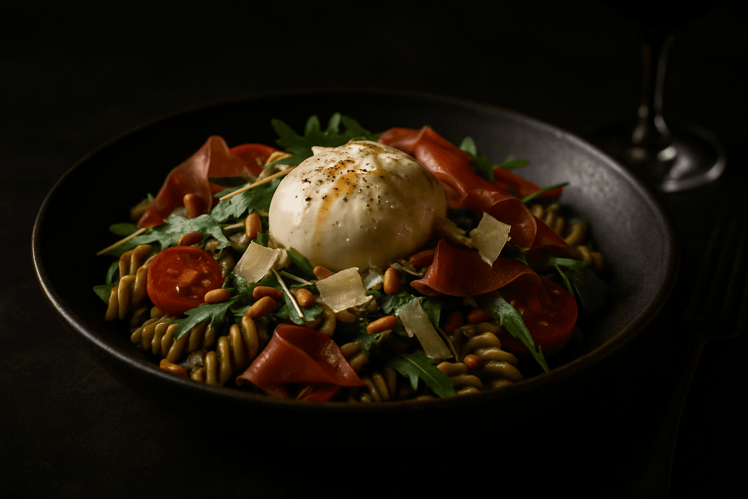 Pesto-burrata pastasalat med spekeskinke og parmesan