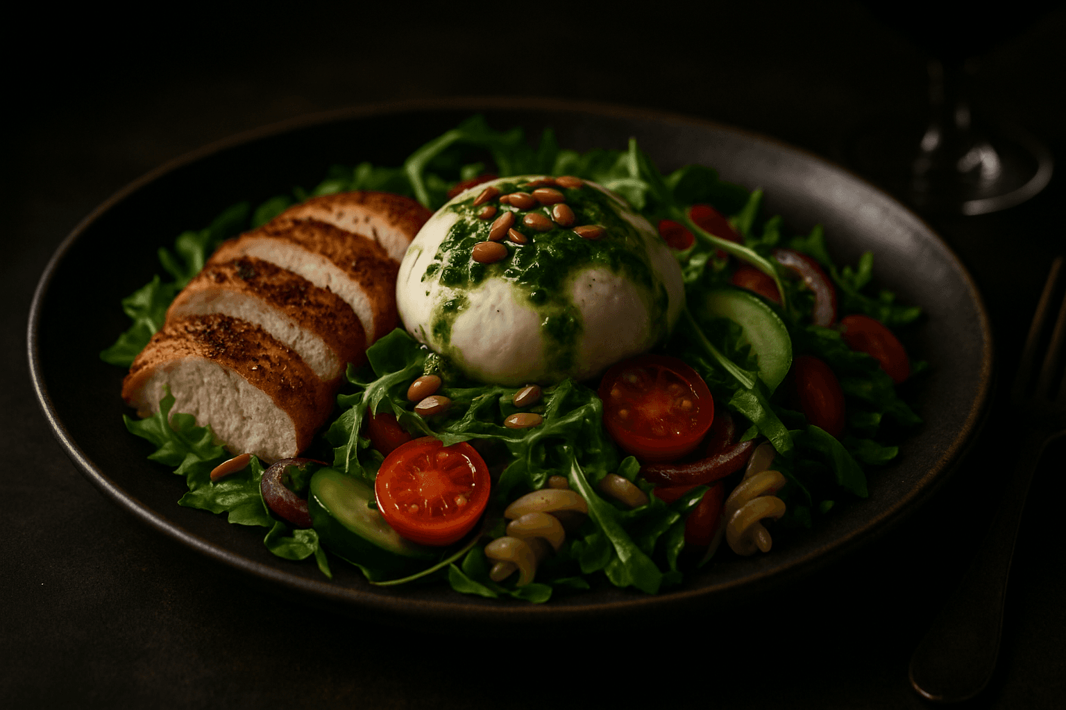Kyllingsalat med burrata, pesto og ristede pinjekjerner